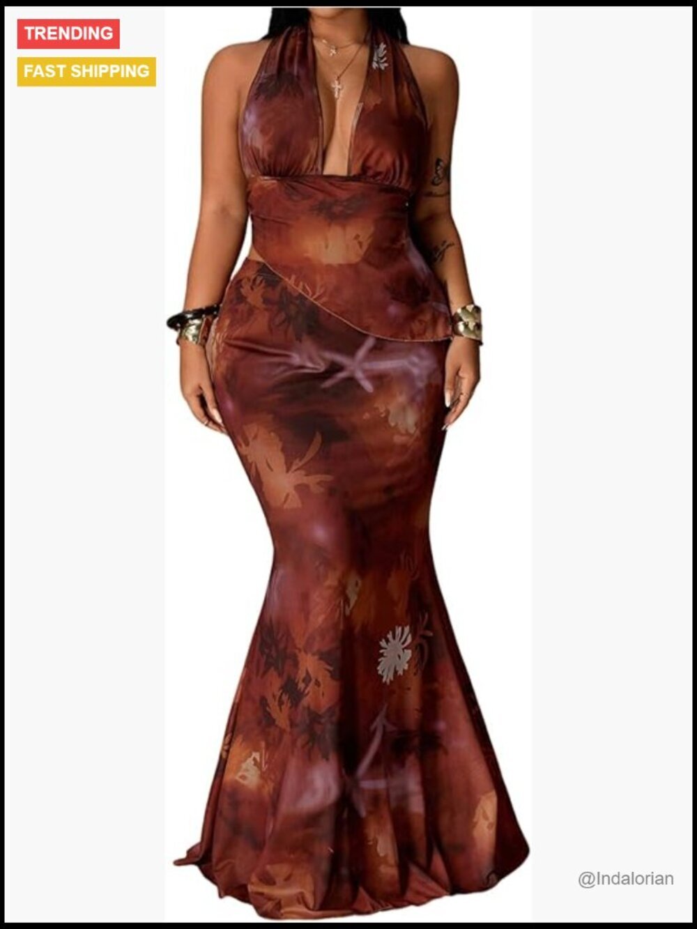 Plus Size 2 Piece Boho Tie Backless Halter Top & Maxi Skirt Set